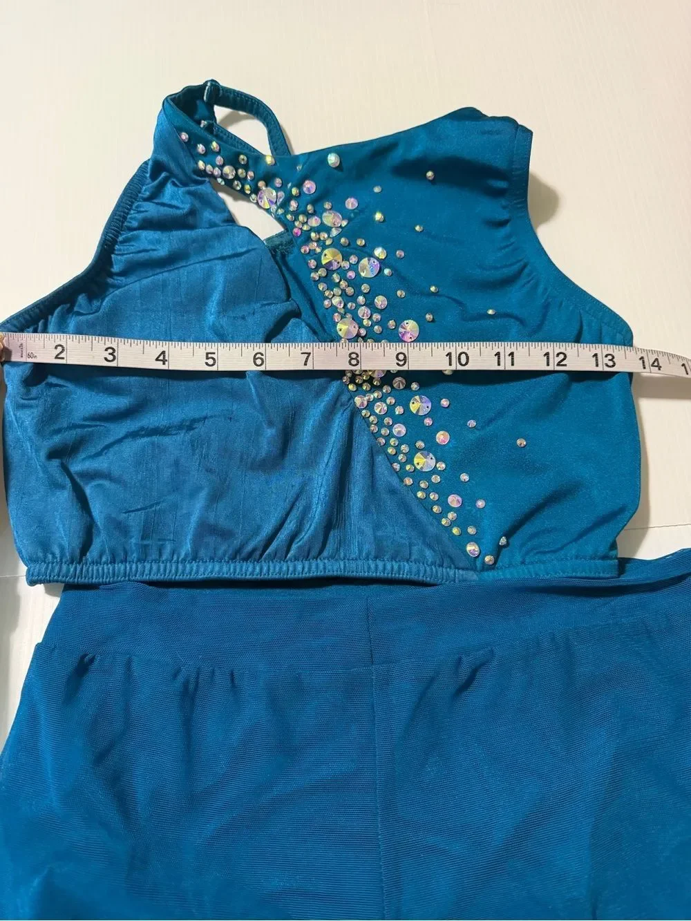 Kelle dance solo costume teal blue 2 piece custom rhinestone MA-Medium adult